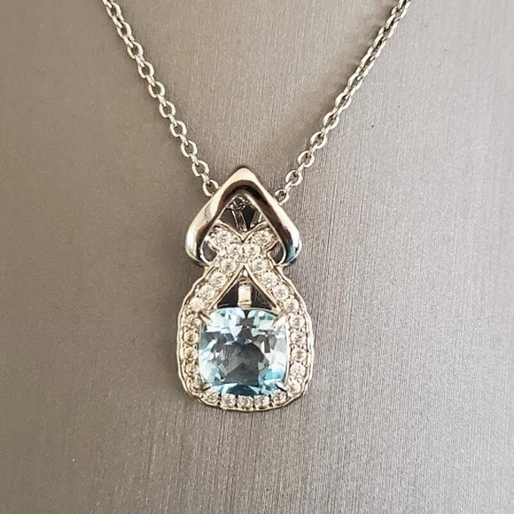 Gold Coast Jewelry - Gold Coast Cushion Cut Faux Aquamarine Halo Necklace Platinum Plated Gift